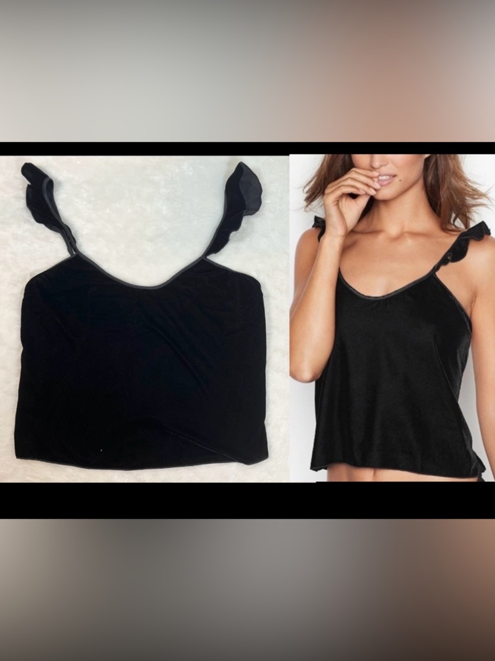 Victoria’s Secret Black Velvet Velour Camisole Ruffle Strap Tank Top Size Large - Picture 1 of 6